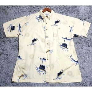Hook & Tackle Shirt Mens Large Beige Blue Button Up‎ Fishing Sailfish Cotton